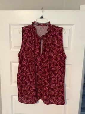 LOFT Burgundy Floral Ruffle Tie Neck Sleeveless Blouse